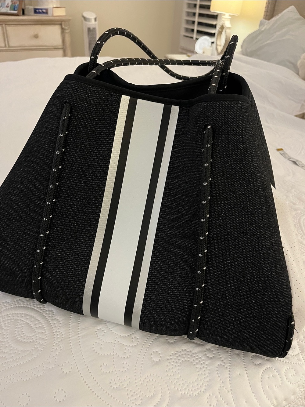 HAUTE SHORE Black and White Striped Neoprene Tote Purse with wristlet. Sleek.